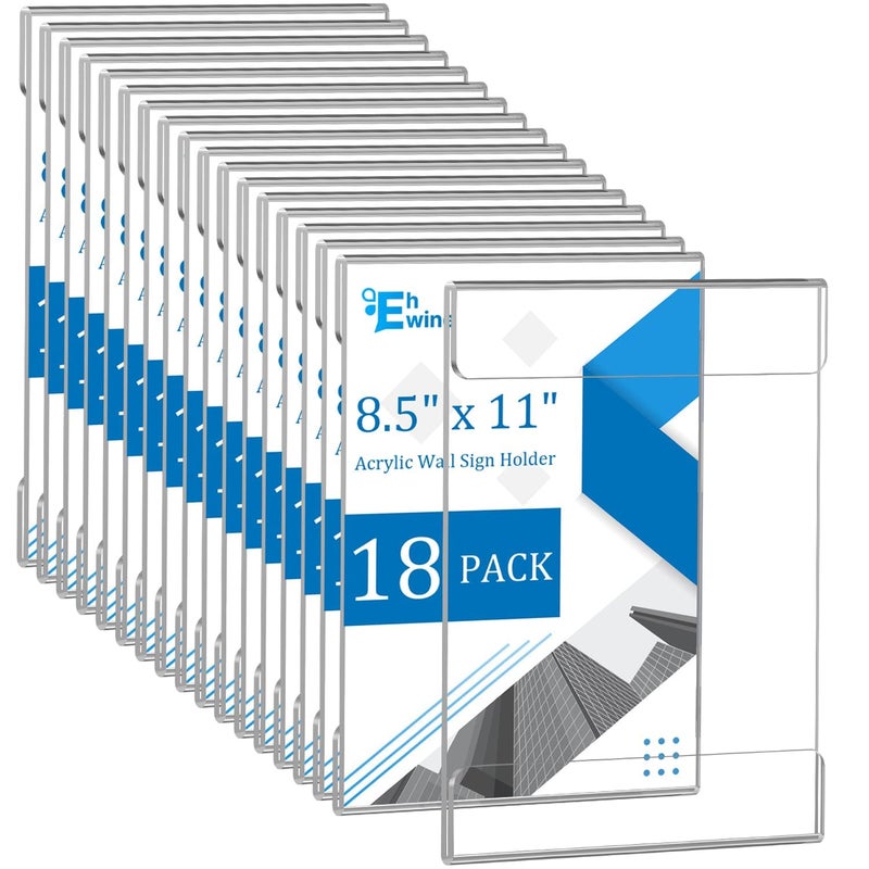 EHWINE 18 Pack 8.5 x 11 Wall Mount Acrylic Sign Holder, Wall Signs Photo Menu Flyer Display Holders, Plastic Clear Acrylic Frames for Office Home Hotel Business Store (with Adhesive Tape) - Image 1